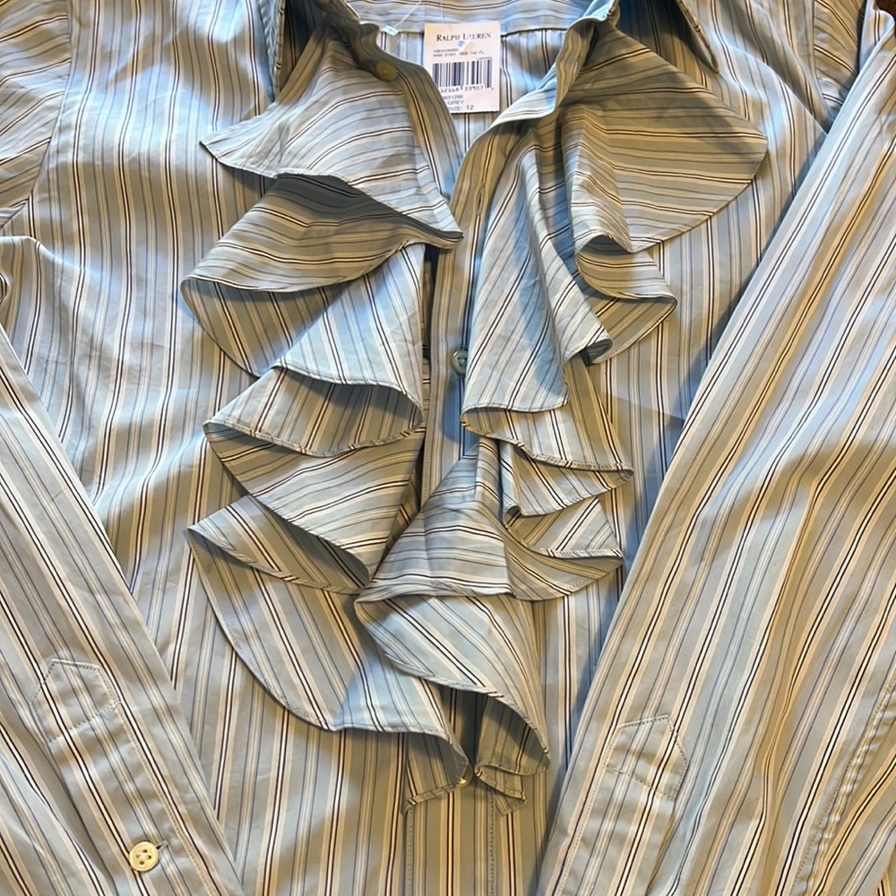 Ralph Lauren BLUE GREY RUFFLE SHIRT BLOUSE NWT - Picture 7 of 8